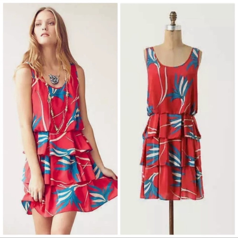 SARIAH - ANTHROPOLOGIE 100% Silk Tier Ribbon Grass Print Dress - Size 4